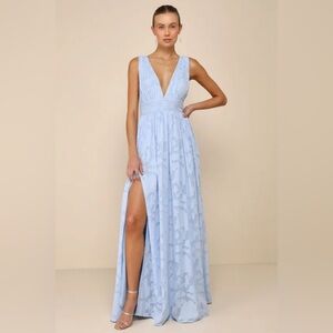 Lulu's Light Blue V-Neck Floral Maxi Dress with Leg Slit